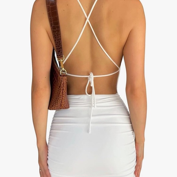 White Bodycon Strappy Back Runch Mini Dress - Picture 2 of 5
